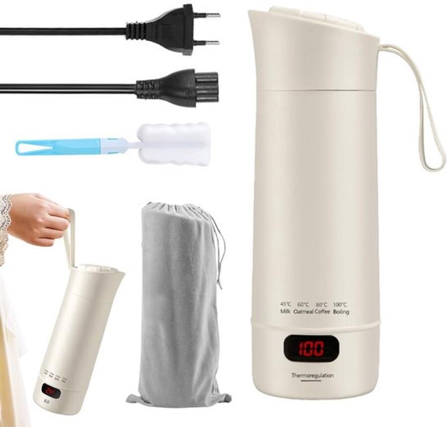 Reiswaterkoker klein 400 ml mini-draagbare elektrische waterkoker reiswaterkoker met 4 instelbare temperatuurniveaus voor thee koffie babymelk auto wit