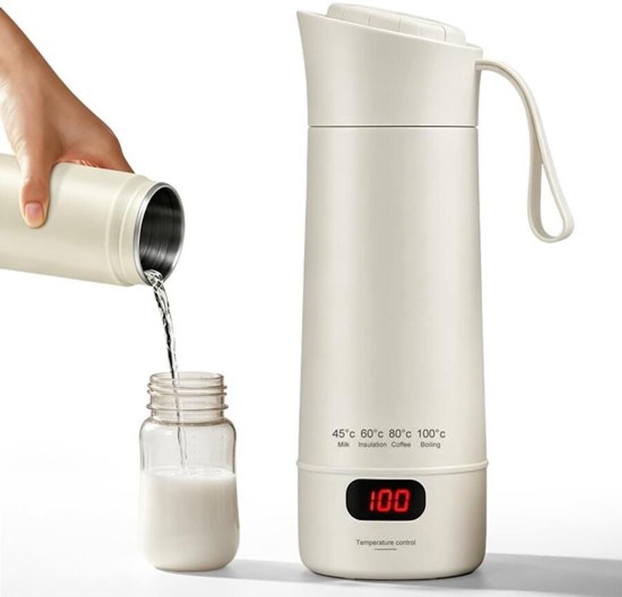 Reiswaterkoker klein elektrisch 400 ml draagbare waterkoker mini-waterbeker automatische uitschakeling roestvrij staal 304 met 4 temperatuurinstellingen voor thee koffie (wit)
