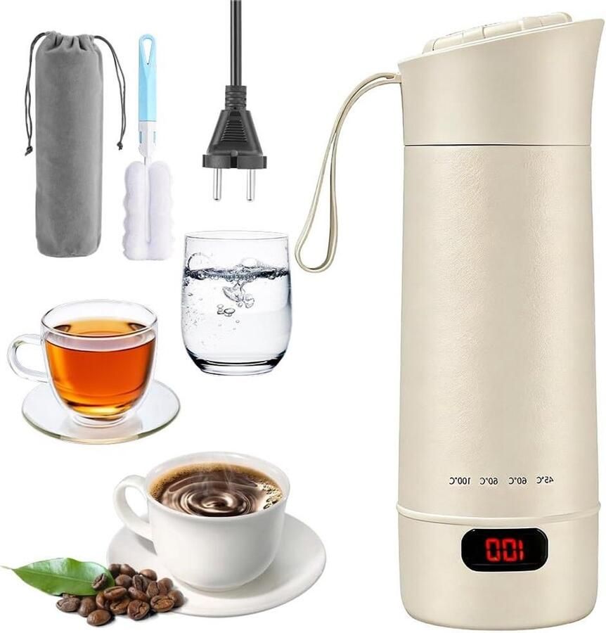 Reiswaterkoker Mini waterkoker Onderweg Thee Zetten Vier Temperatuurstanden 400 ml Wit