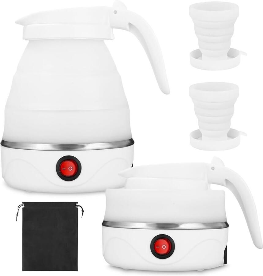 Reiswaterkoker Opvouwbare draagbare waterkoker Opvouwbare waterkoker theepot Wordt geleverd met afneembaar netsnoer opbergtas en opvouwbare beker Geschikt voor kamperen reizen en zakenreizen Wit Siliconen