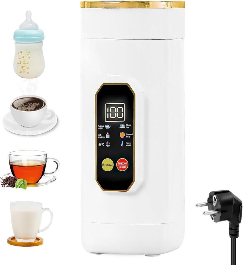 Lexium Store Reiswaterkoker Wit 450 ml Roestvrijstalen Mini Waterkoker met Temperatuurregeling en Touch-Display Voor Reizen en Kantoor