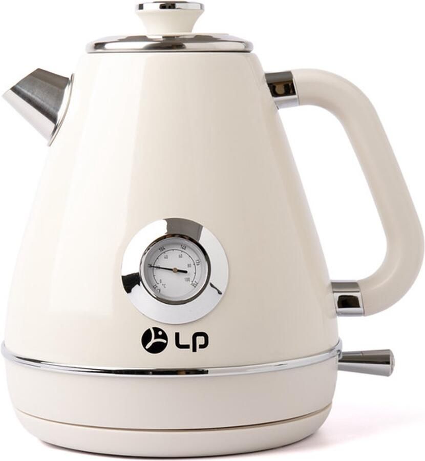 Retro elektrische waterkoker van 1 7 liter (304 roestvrij staal) Voedselveilige binnenbekleding Grote thermometer + waterniveau-indicator + LED-indicator Automatische uitschakeling om droogkoken te voorkomen Wit