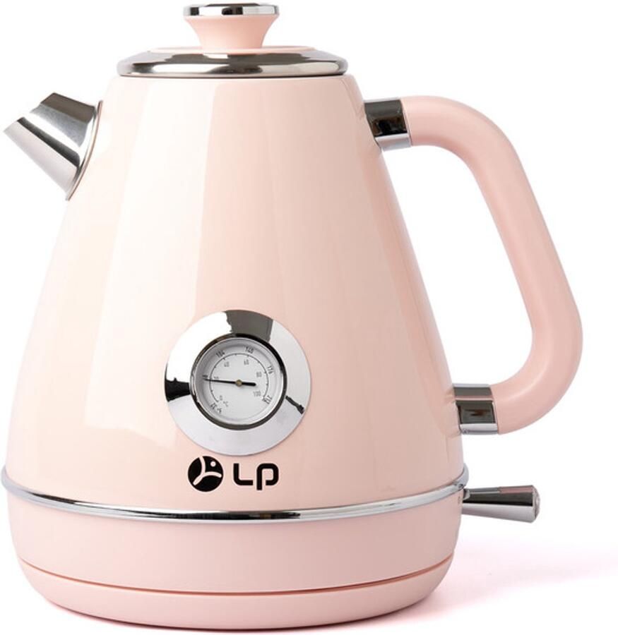 Retro elektrische waterkoker van 1 7 liter (304 roestvrij staal) Voedselveilige binnenbekleding Grote thermometer + waterniveau-indicator + LED-indicator Automatische uitschakeling om droogkoken te voorkomen roze