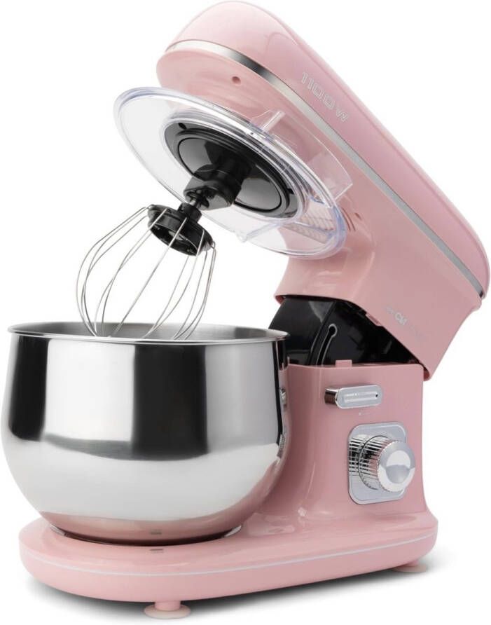 Retro keukenmachine voor bakken Deegmixer 5L met krachtige 1100W motor Deegmixer incl. haak & garde Retro deegmixer spatbescherming met bijvulopening Roze
