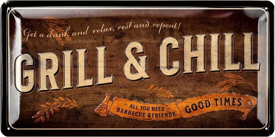 Retro Metalen Grillplaat Grill & Chill Decoratie voor Tuin en Tuinfeest