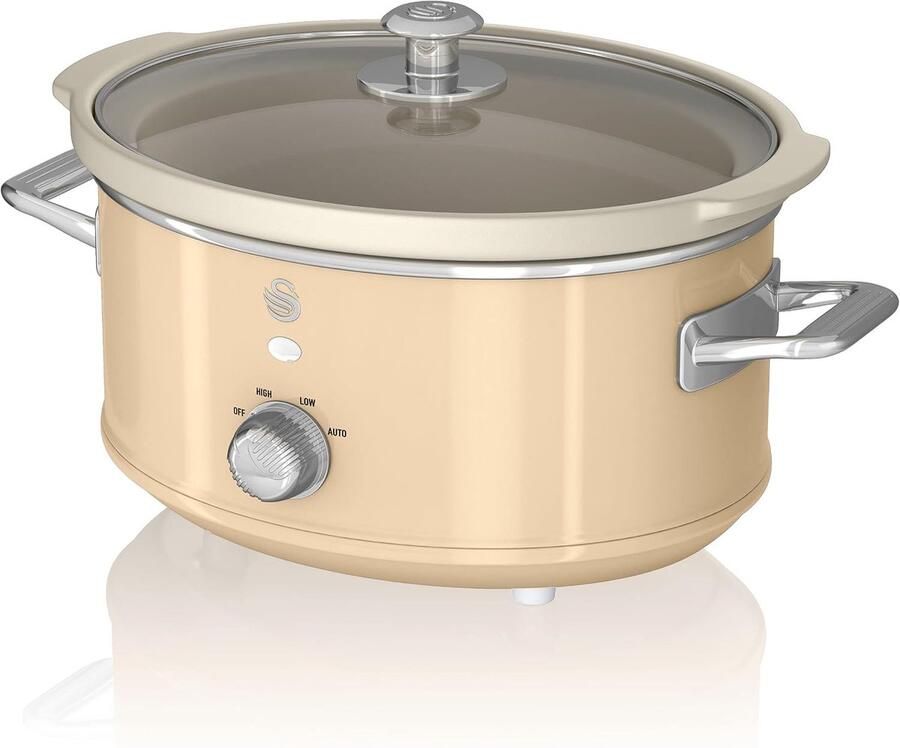 Retro SF17021CNEU Langzame kookpan 3 5 l afneembare container antiaanbaklaag vrij van PFOA en PTFE 3 temperatuurniveaus glazen deksel slowcooker vintage design crème 200 W