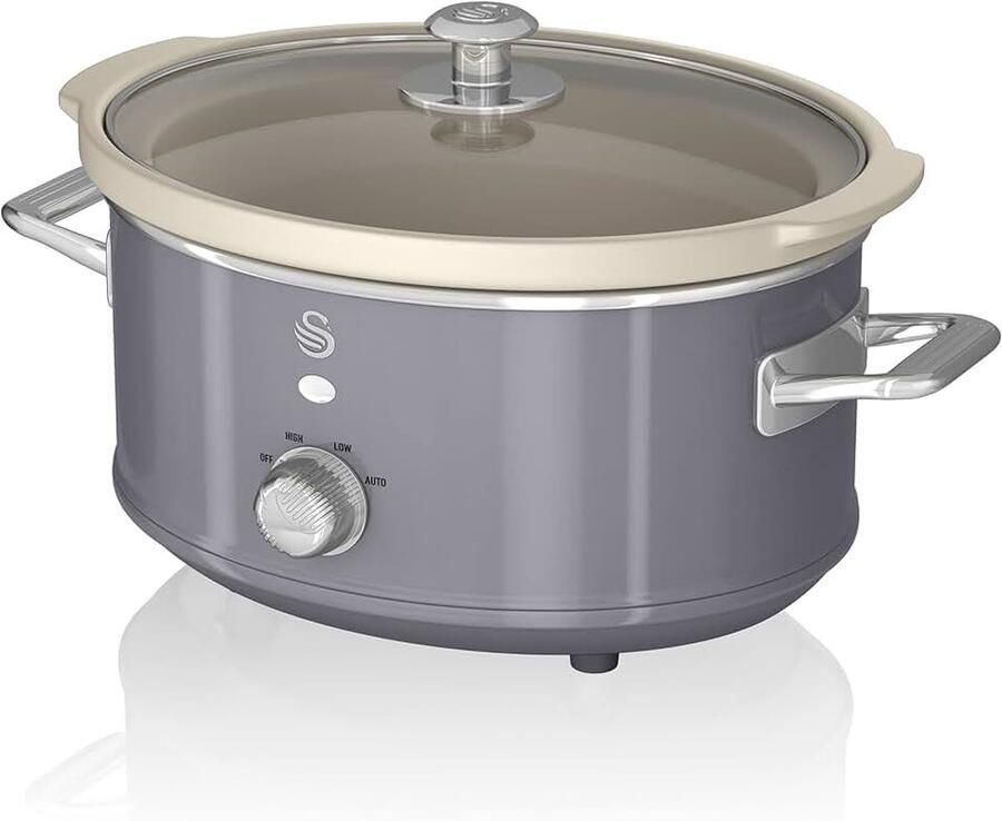 Retro SF17021GRNENEW kookpan 3 5 l afneembare container anti-aanbaklaag PFOA en PTFE-vrij 3 temperatuurniveaus glazen deksel slow cooker vintage design grijs 200 W