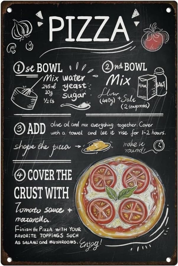 Retro Wanddecoratie voor de Keuken Vintage Tin Sign met Pizza Bereidingsstappen 20x39cm voor Thuis Restaurant en Bakkerij