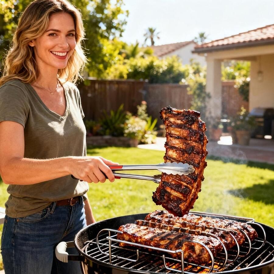 Rib Grill Vleeshouder Gelijkmatig Grillen Roestvrij Staal 4 Sleuven Zilver - Foto 2