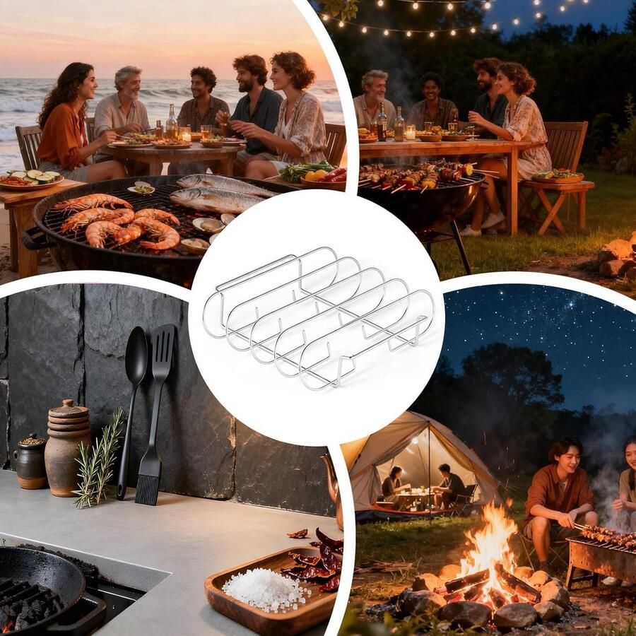 Rib Grill Vleeshouder Gelijkmatig Grillen Roestvrij Staal 4 Sleuven Zilver
