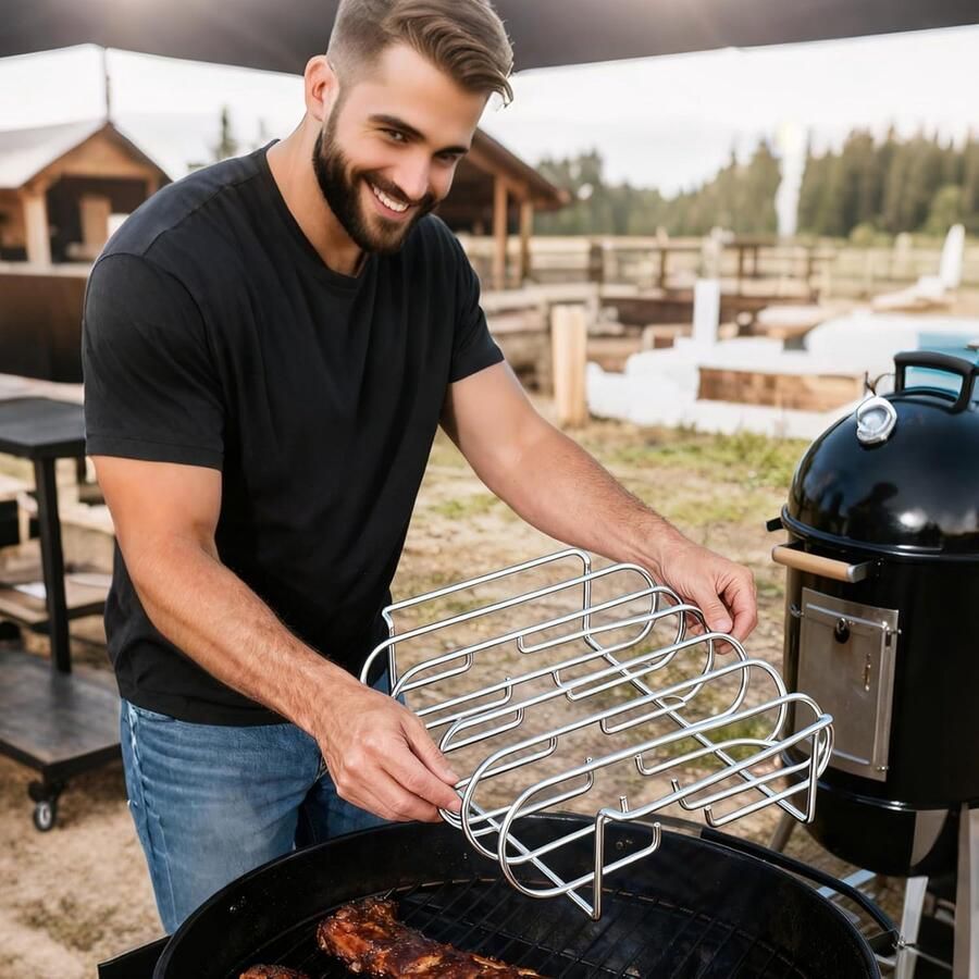 Rib Grill Vleeshouder Gelijkmatig Grillen Roestvrij Staal 4 Sleuven Zilver - Foto 3