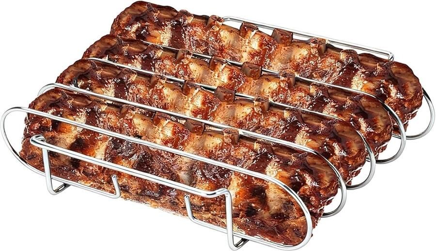 Ribgrill Rek Ribhouder RVS Gelijkmatig Grillen Antiaanbaklaag 4 Sleuven Zilver