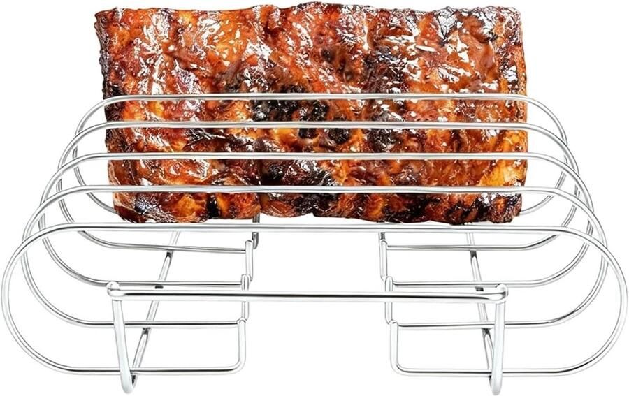 Ribrek Grill Verticale Houder Vlees Grillen Gelijkmatige Warmteverdeling 4 Sleuven Zilver