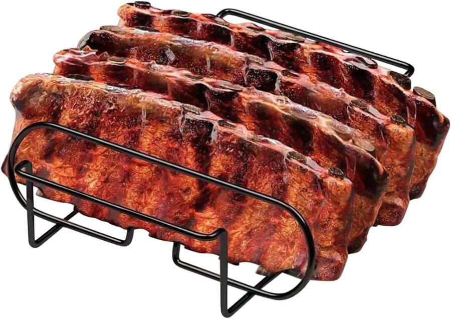 Grillrek Vleeshouder Ribben Grillen Ruimtebesparend Ontwerp 8 x 27 x 8 cm Zwart
