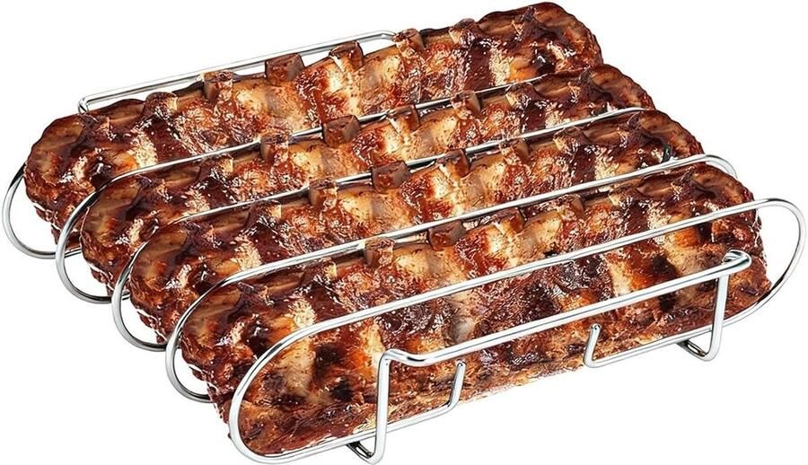 Ribrooster RVS Verticale Grillhouder Ribben Grillen Gelijkmatige Warmteverdeling 33 x 28 x 10 cm Zilver