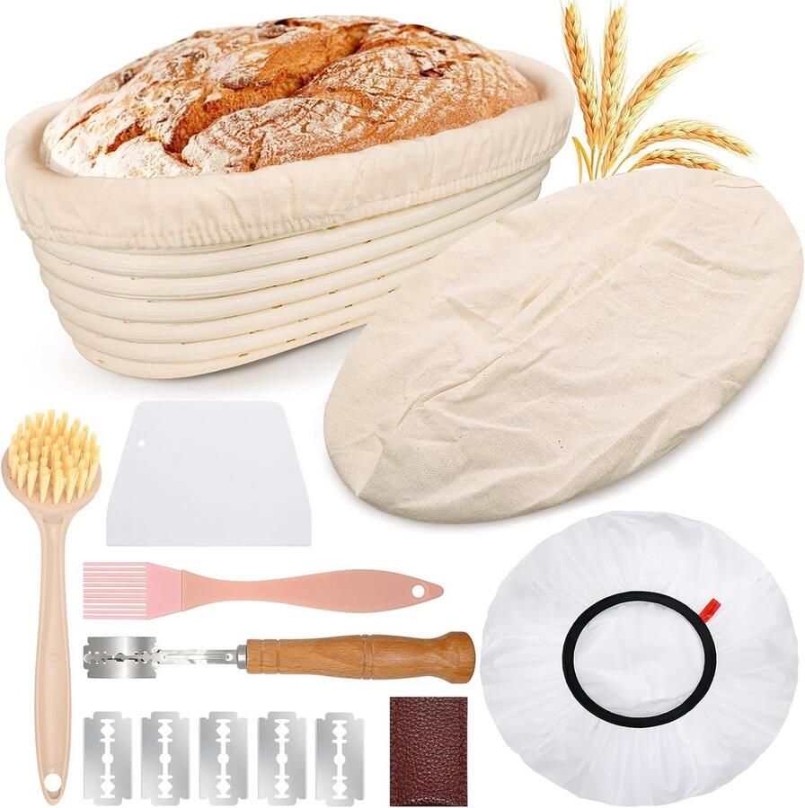 Rijsmand Brood Broodmand Set Zelf Brood Bakken Natuurlijk Rotan Materiaal 28 cm Ovaal Natuurlijk