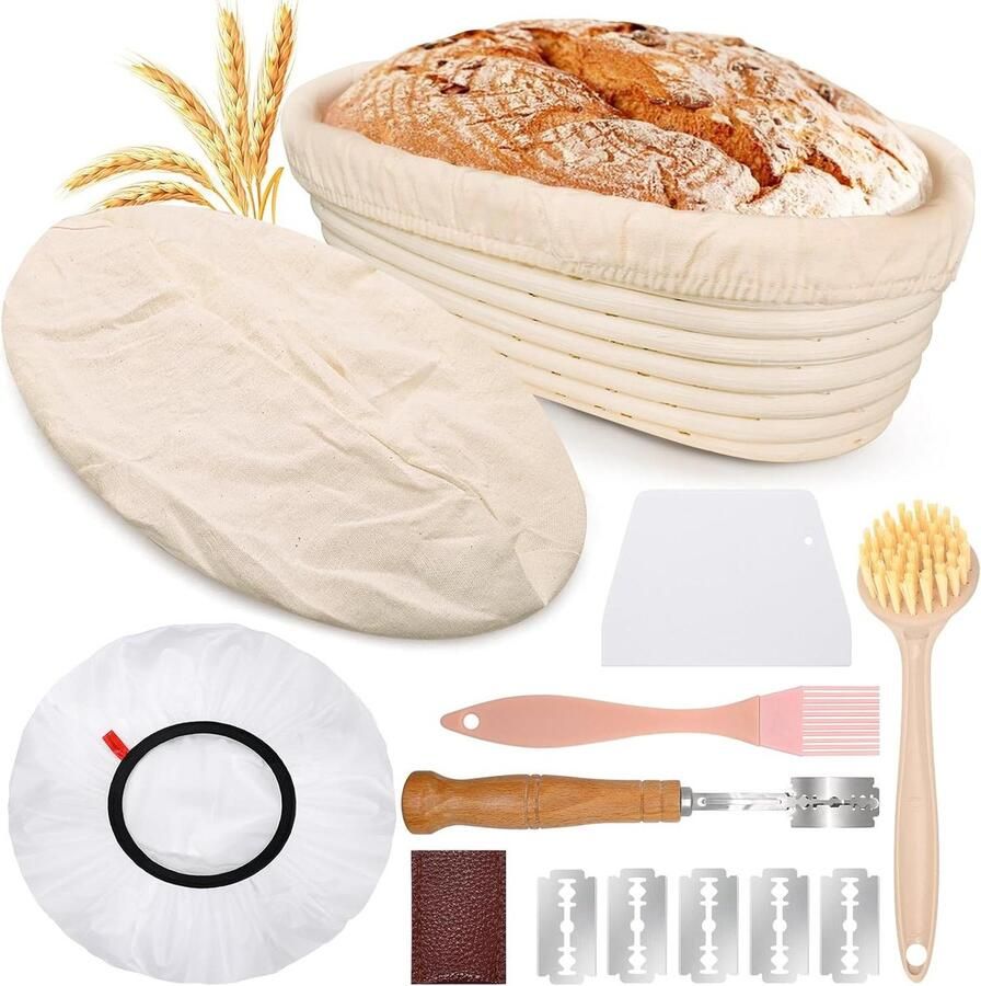 Rijsmand Brood Broodmand Set Zelf Brood Bakken Natuurlijk Rotan Materiaal 28 cm Ovaal Natuurlijk