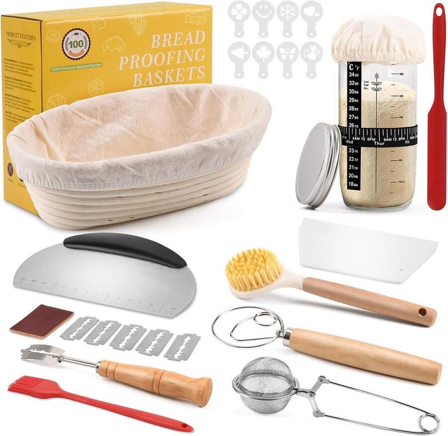 Rijsmandje ovaal Zuurdesem starterkit Broodbakken thuis Handgemaakt riet 25 cm Natuurlijk