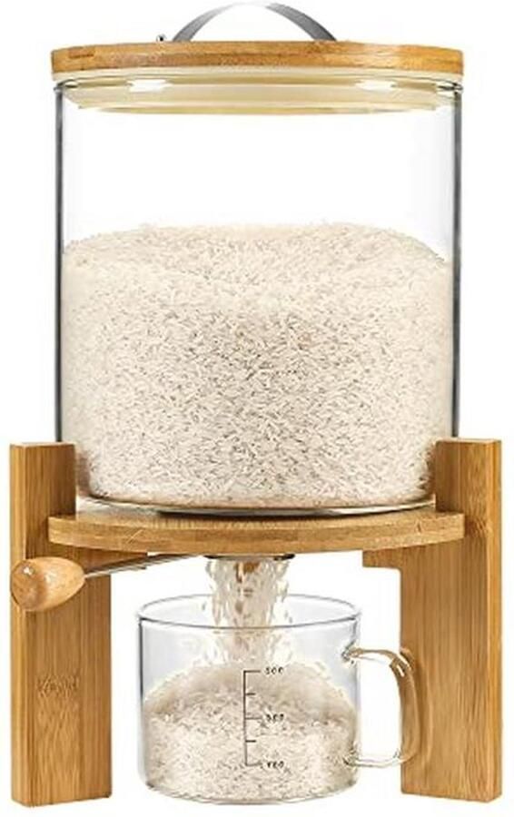 Rijst Dispenser en Opslagcontainer met Luchtdichte Deksel en Houten Stand