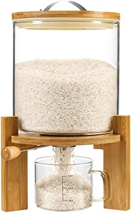 Rijst Dispenser en Opslagcontainer met Luchtdichte Deksel en Houten Stand