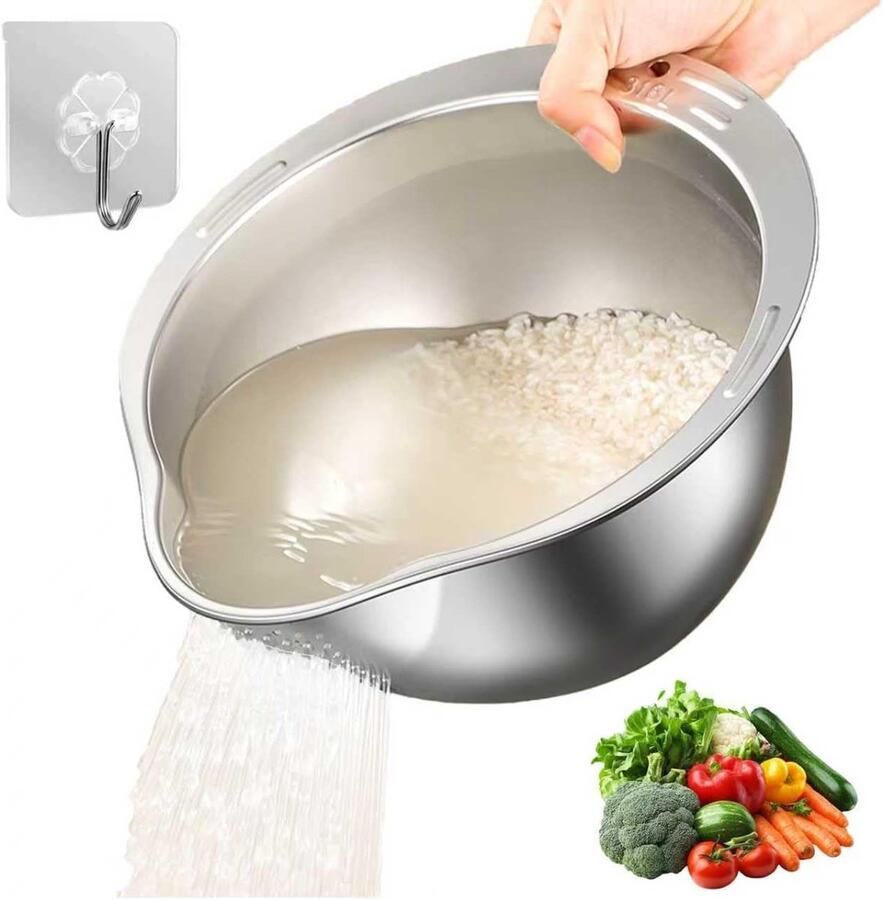 Rijst Was Zeef Keuken Vergiet Snel Afgieten Met Schenktuit 27 x 13.5 cm Zilver