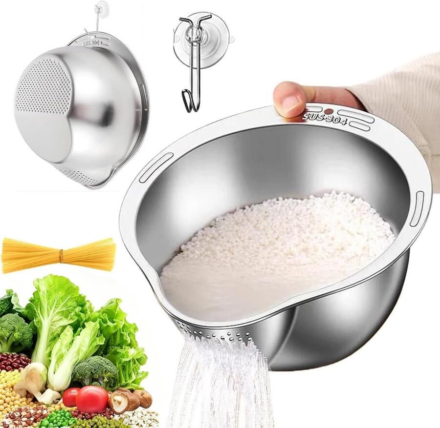 Rijst Wasbak Zeef Kom Keuken Werk Roestvrij Staal 304 26x24x13 cm Zilver