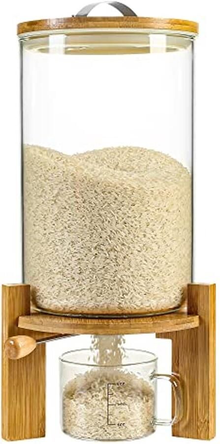 Rijstdispenser voor Keukenorganisatie Luchtdichte Glazen Opbercontainer met Houten Standaard (8L)
