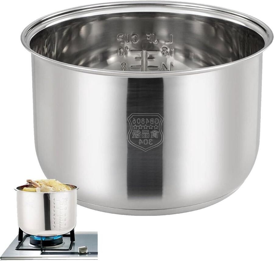Rijstkoker Binnenpan Reservepan RVS Koken Thuis Duurzaam 304 Staal 6L 160mm Hoogte Zilver