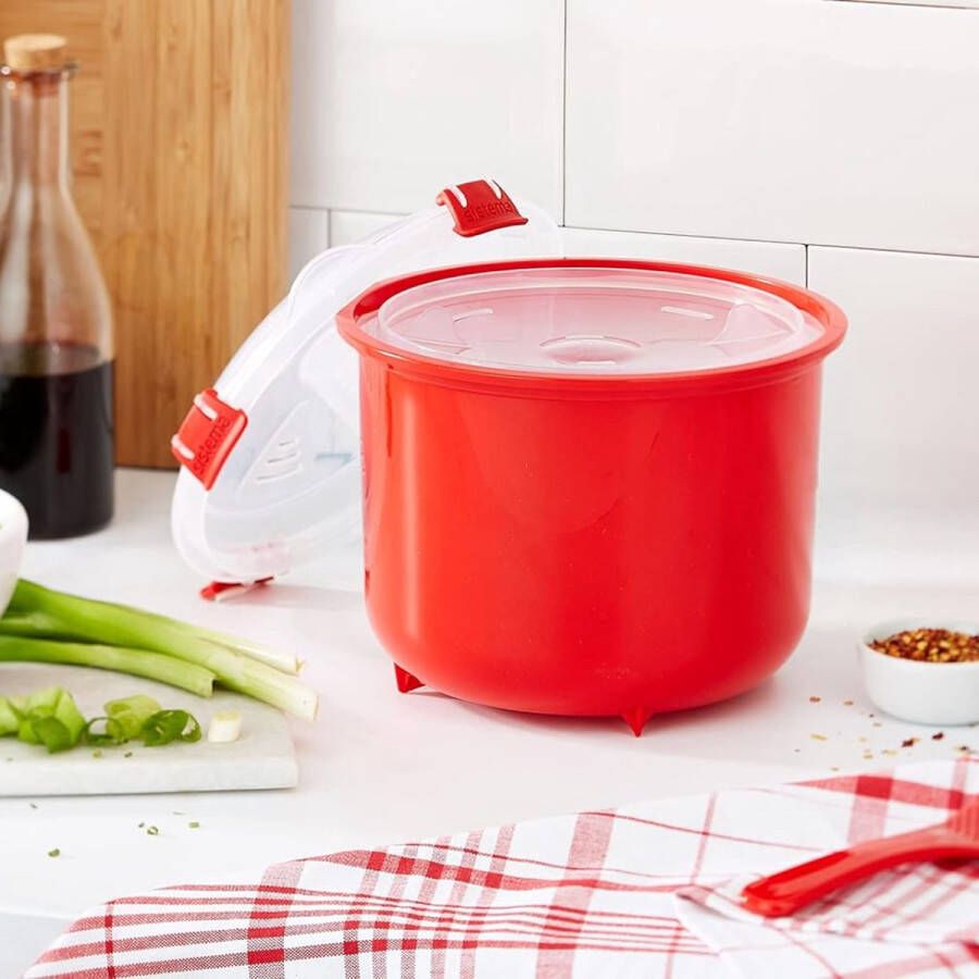 Rijstkoker Ontdek Snel Gemakkelijk en Vaatwasmachinebestendig Rijst Koken met Onze 2 6L BPA-vrije Magnetron Rijstkoker in Stijlvol Rood!
