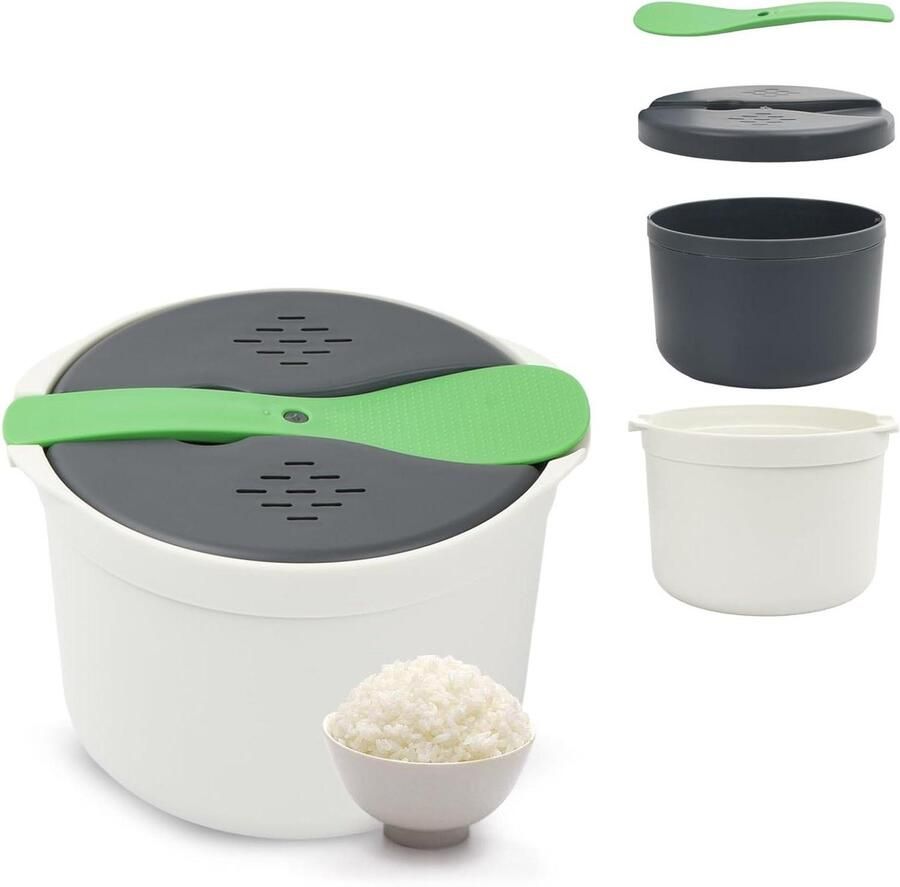 Rijstkoker voor magnetron Noedelkoker met filterdeksel en lepel 2 l groen