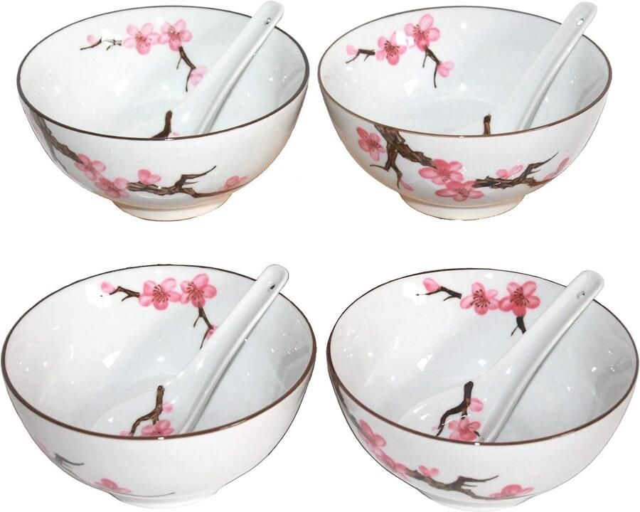 Rijstschalen 4-delige set met 4 lepels (8 delen) Sakura kersenbloesem Jumbo ø 15 cm nr. 774