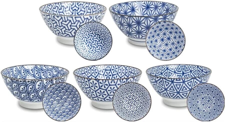 Rijstschalen 5-delige set Japan porseleinen schaal blauw wit verschillende retro designs