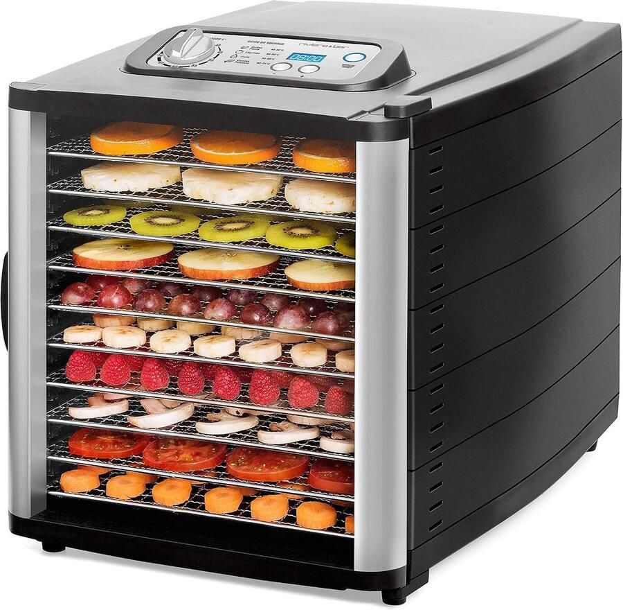 Riviera&bar Voedseldroger 10 Trays – 800W – RVS Droogrekken – Instelbare Temperatuur 35-75°C – Digitale Timer – Voedseldehydrator voor Fruit Groenten Kruiden Vlees en Paddenstoelen