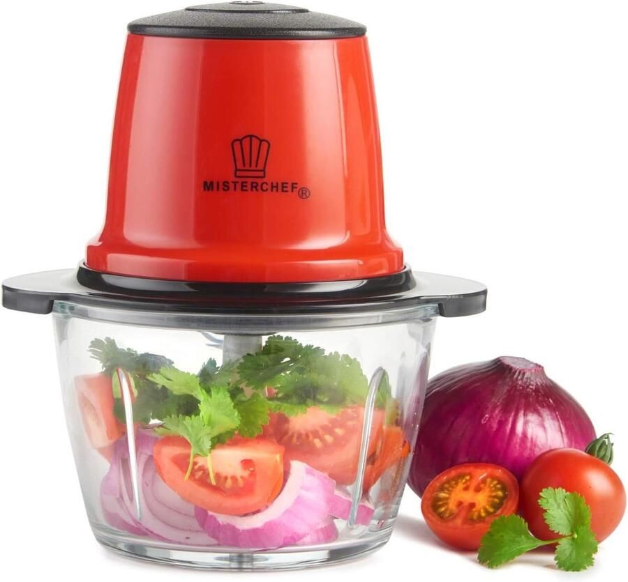 Rode Mini Chopper Blender 200W Keukenmachine met Turbo en 1.5L Glazen Kom