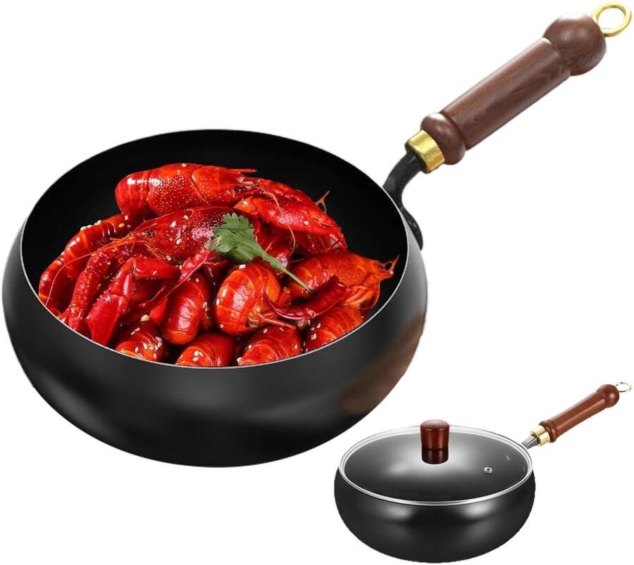Roerbakpan met Deksel Chinese Wok Gezond Koken Natuurlijke Oliefilm 28cm Zwart
