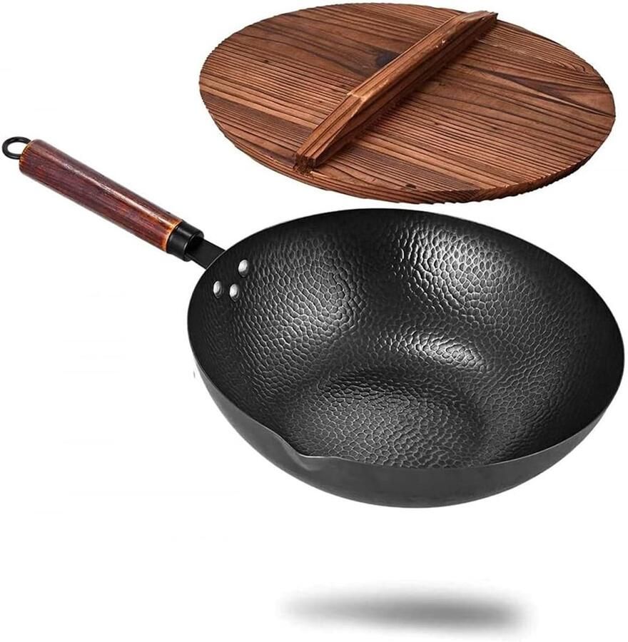 Roerbakpan met deksel Gietijzeren wok Aziatisch koken Platte bodem 33 cm Zwart