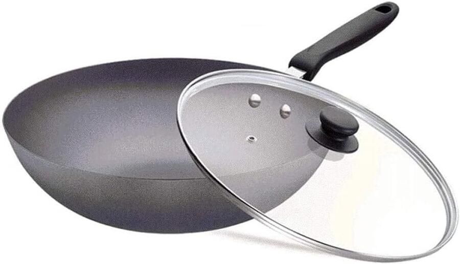 Roerbakpan met deksel Wokpan anti-aanbak Gezond Koken Gietijzeren constructie 32cm Zwart