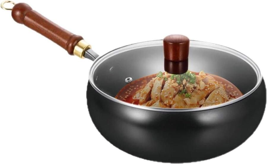 Roerbakpan met Houten Handvat Wokpan Koekenpan Thuis Koken Gegrond Koolstofstaal 28 cm Zwart