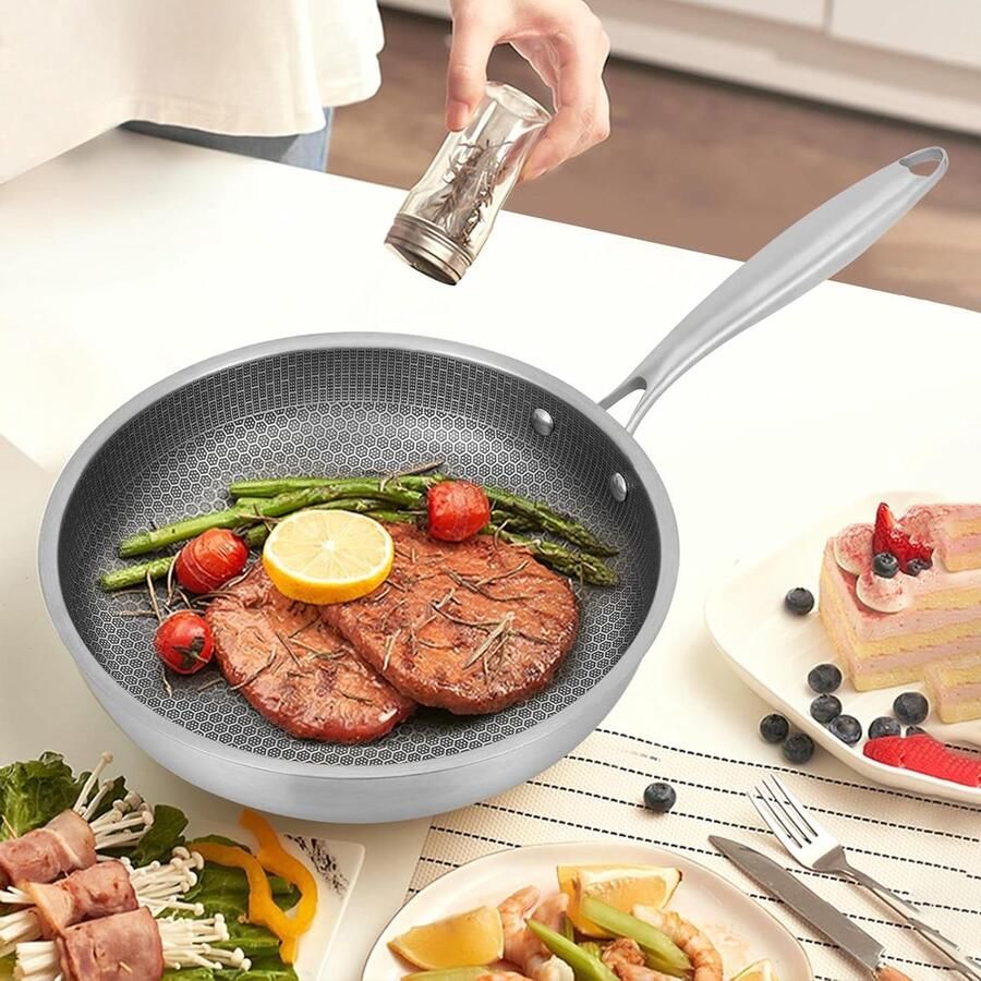 Koekenpan RVS Koekenpan Non-stick Koken voor Thuis Honingraat Structuur 28 cm Zilverkleurig