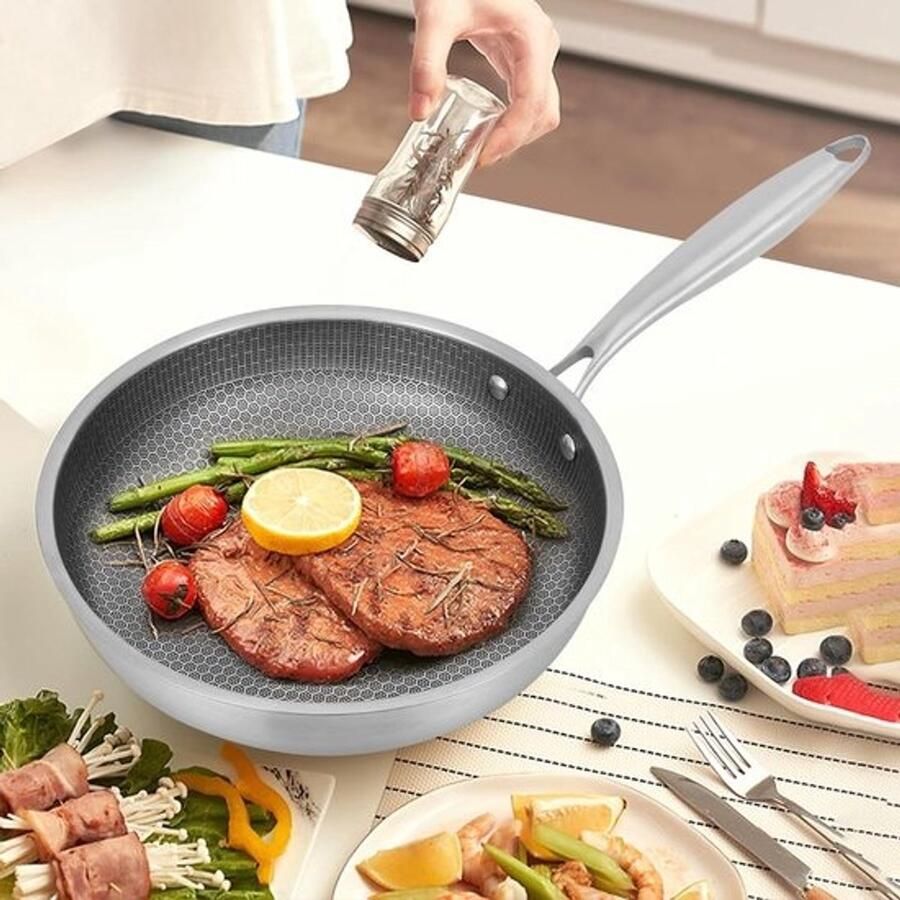 Koekenpan RVS Koekenpan Non-stick Koken voor Thuis Honingraat Structuur 28 cm Zilverkleurig