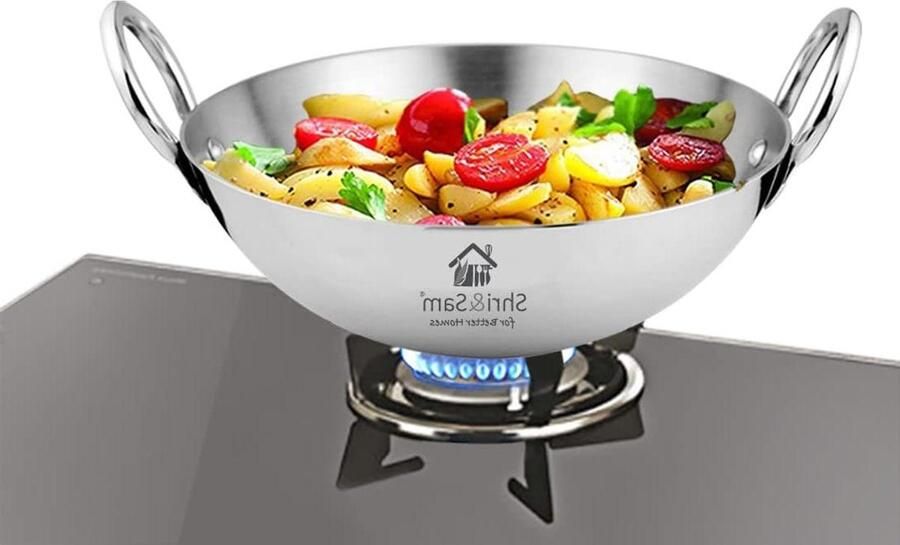 Roestvrij Kadhai Kookpan Wok Lekker Koken Zwaar 2.5mm Staal 4 Liter Zilver