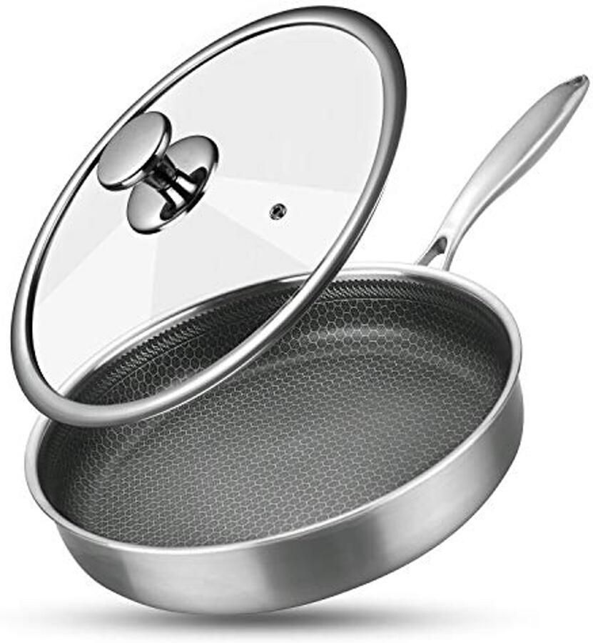 Roestvrij staal 12 Inch Koekenpan met Deksel Antiaanbak en Slijtvast voor Gas Elektrisch Inductie en Keramische Kachels