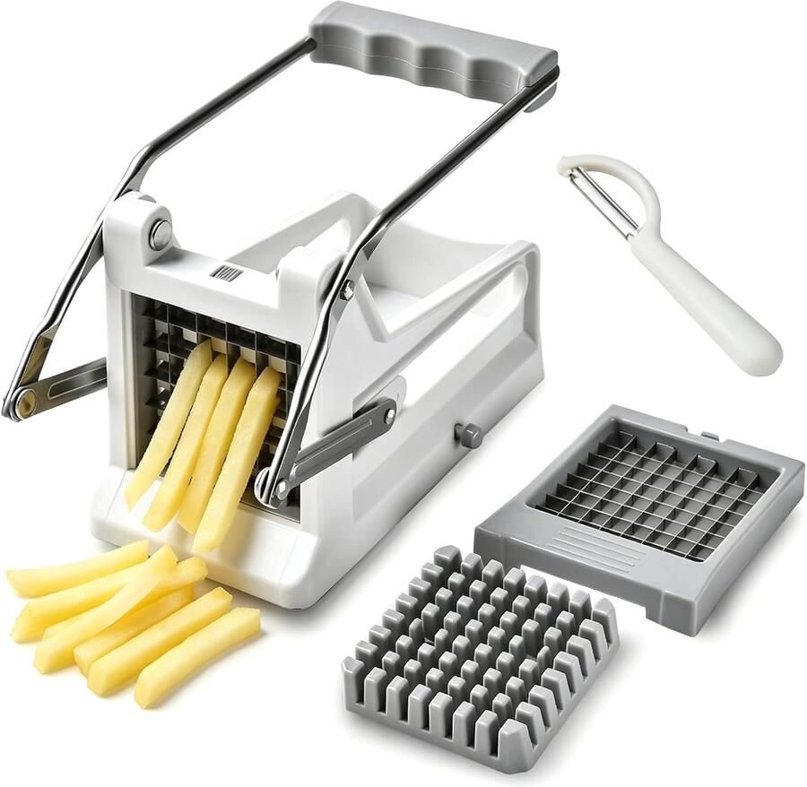 Roestvrij staal aardappelsnijder met 2 snijmaten (8 & 12 mm) frietsnijder met antislip rubberen voet & ergonomische handgreep incl. dunschiller
