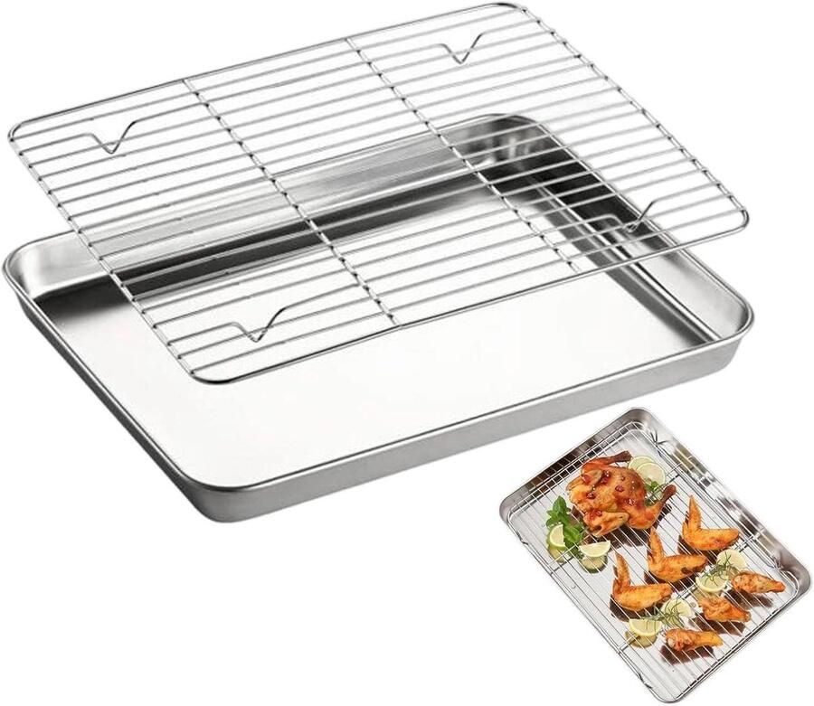 Roestvrij Staal Bakplaat Bakrooster Set Gelijkmatig Bakken Antiaanbaklaag 31.5 x 24.5 cm Zilver