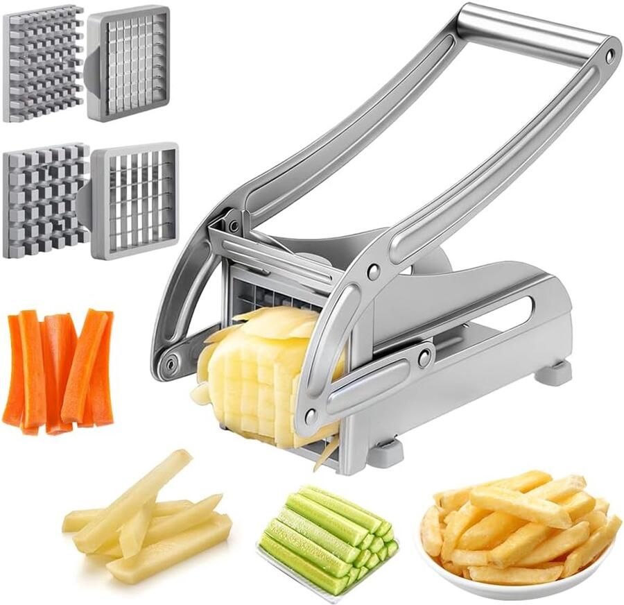 Roestvrij staal frietsnijder aardappelsnijder met 2 mesmaten (36 64 rooster) frietpers met antislip rubberen basis professionele groentesnijder