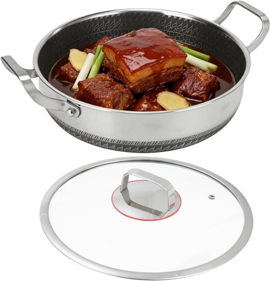 Roestvrij Staal Koekenpan Antiaanbak Pan Thuis Koken Dubbele Handgreep 26-30 cm Zilver