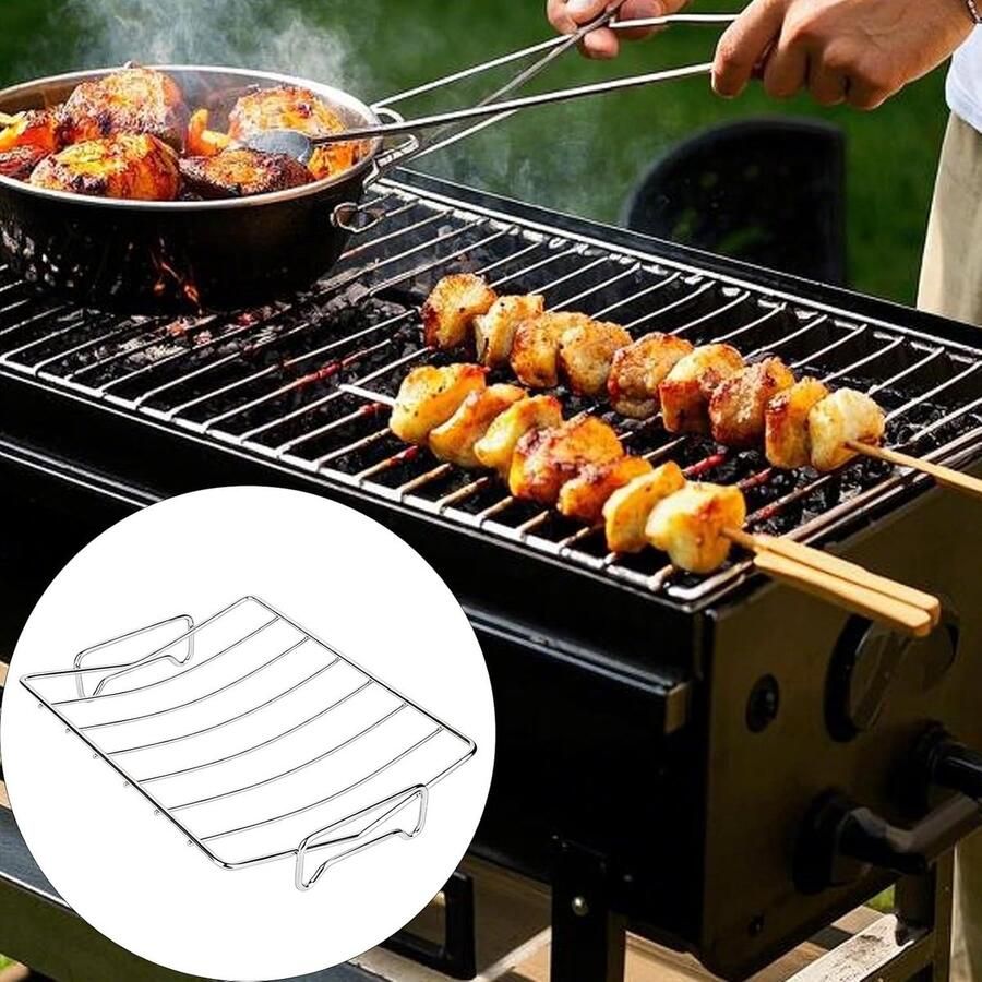 Roestvrij Staal Rooster Barbecue Rek Gelijkmatig Grillen Uniek V-vormig 33 x 25.4 cm Zilverkleurig - Foto 2