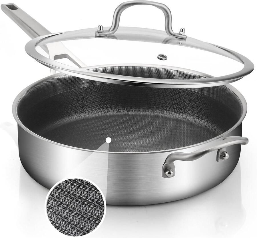 Roestvrij Staal Saute Pan Koekenpan Diep Koken en Bakken Hybride Tri-Ply Constructie 5 Liter Zilver