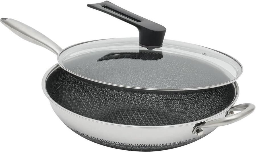 Roestvrij staal Wok Koekenpan Pan Veelzijdig Koken Dubbelzijdige Honingraat 34cm Diameter Zwart en Zilver