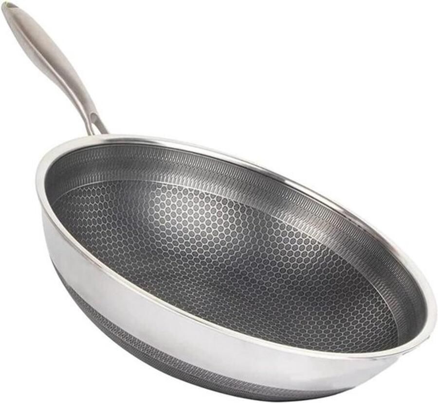 Roestvrij Staal Wok Koekenpan Veelzijdig Koken Gelijkmatige Warmte 28 cm Zilverkleurig